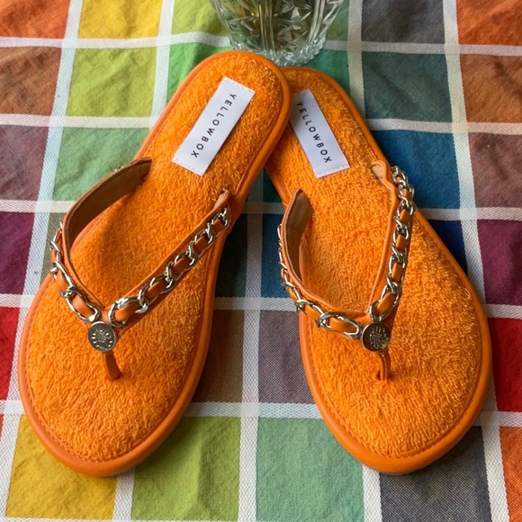 🌞 YELLOW BOX ORANGE TERRYCLOTH EMBELLISHED SANDALS 🌞 NWOT 🌞NWOB 🌞 - Picture 13 of 16